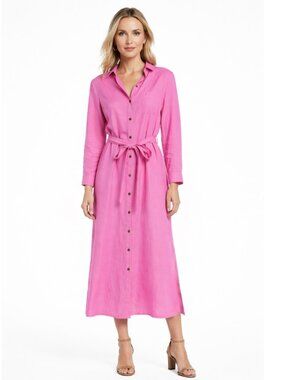 LOFT Dress Shirtdress Pink Linen Midi Pocket Button Front Summer Resortwear 8